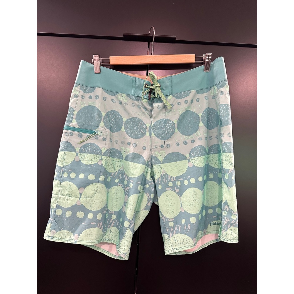 Patagonia Board Shorts Size 33 Green Teal Geometric‎ Circle Print Swim Trunks